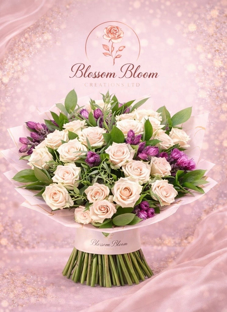 🌸 Ivory Rose & Amethyst Bloom Bouquet