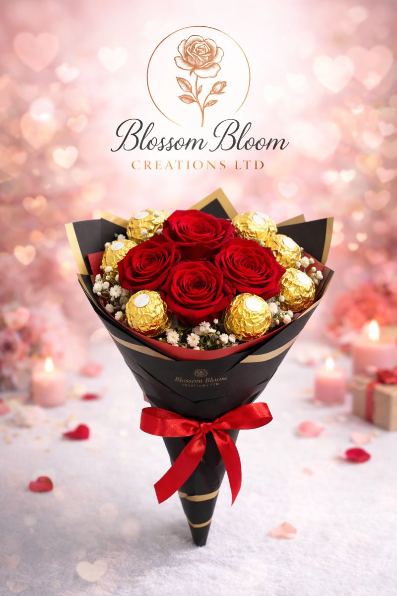 Luxury Red Rose Gypsophila And Ferrero Rocher Bouquet
