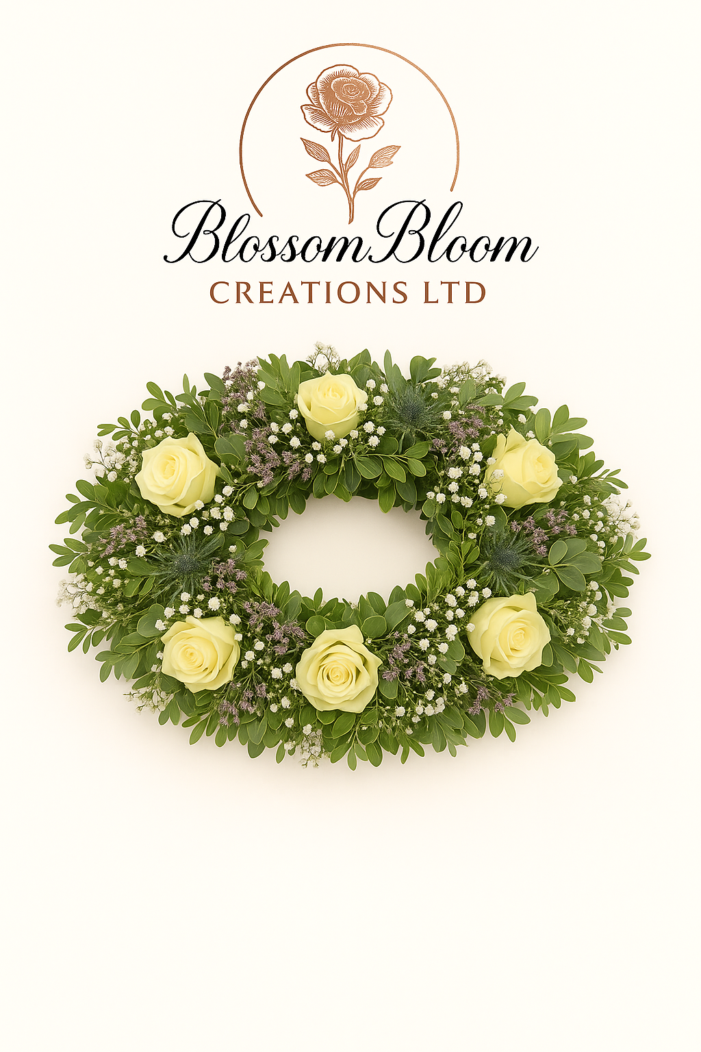 Elegant Ivory Rose & Greenery Funeral Wreath