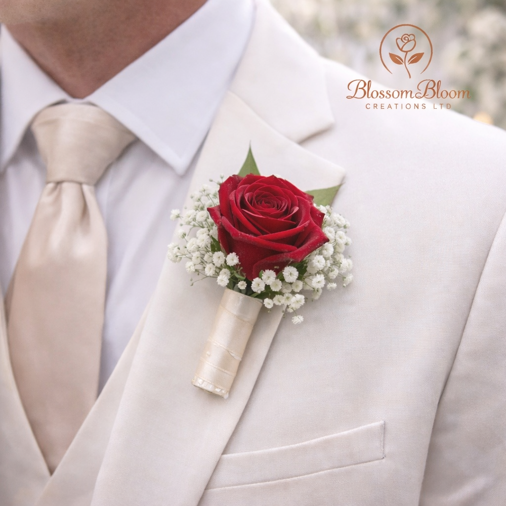 🌹 Luxury Red Rose Groom Buttonhole (Boutonnière)