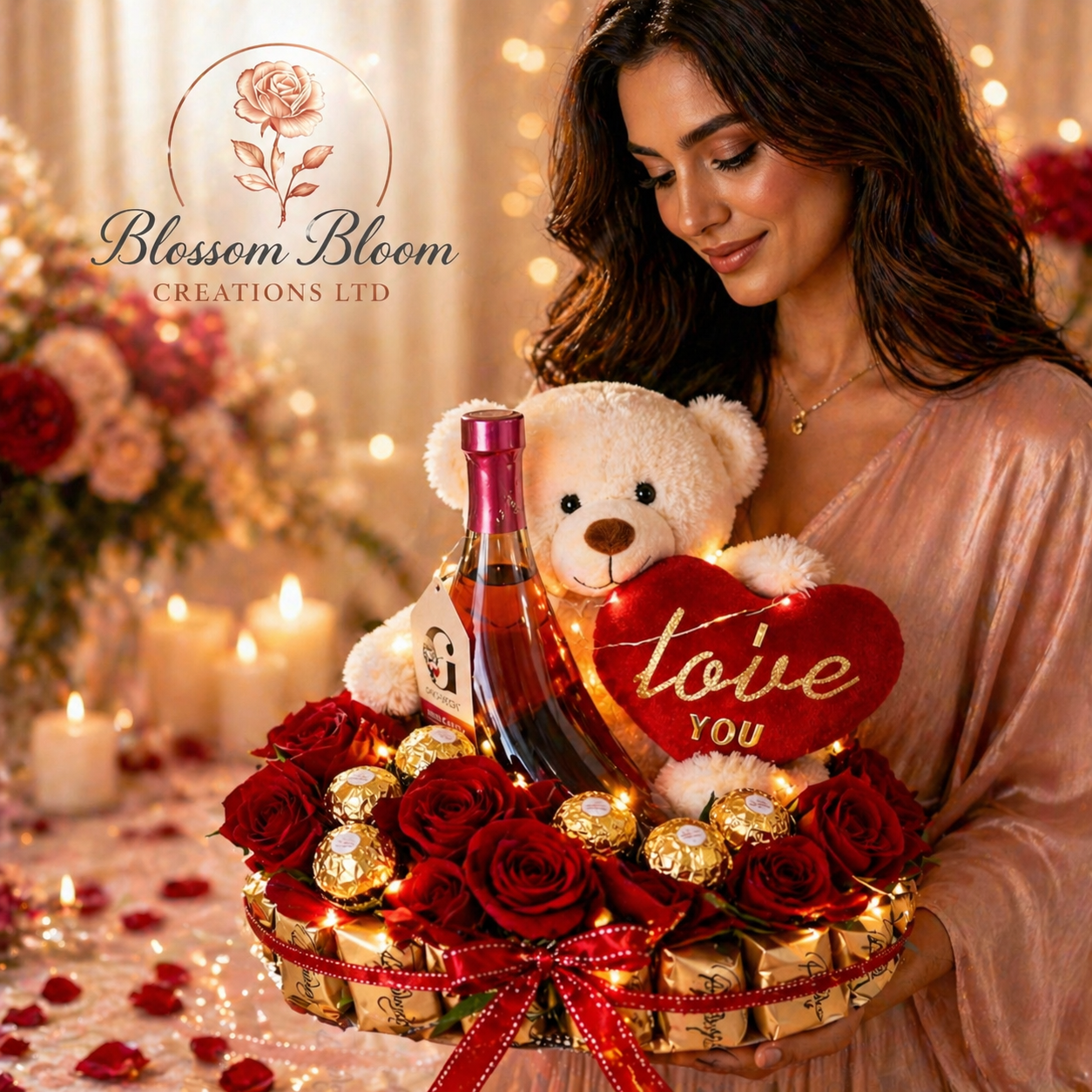 Eternal Love Luxury Valentine’s Gift Set – Roses, Teddy And Pink Glass Gin Cherry Shoe