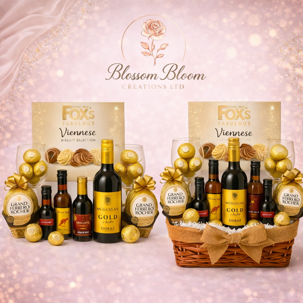Golden Deluxe Indulgence Hamper – Wine, Biscuits & Premium Ferrero Collection
