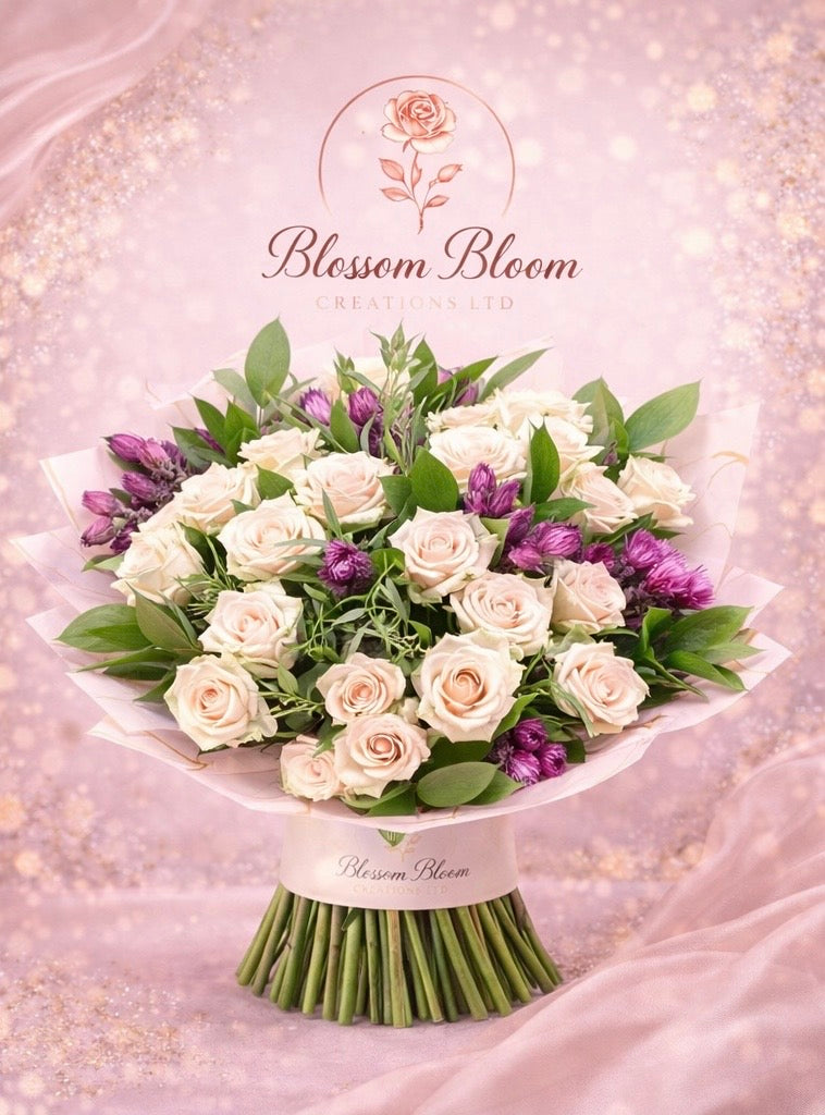 🌸 Ivory Rose &amp; Amethyst Bloom Bouquet