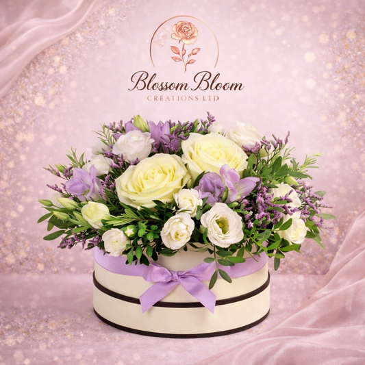 Lavender Elegance Hatbox Flower Arrangement
