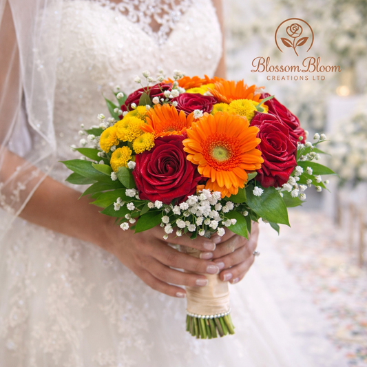 Vibrant Indian Bridal Bouquet – Red, Orange & Gold Wedding Flowers
