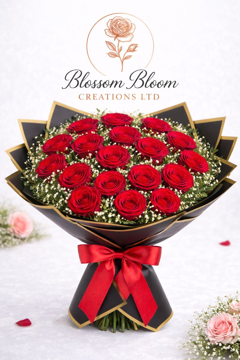 Luxury Red Rose Bouquet – Premium Valentine’s Day Flower Arrangement