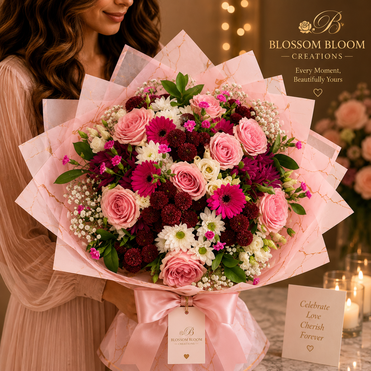 Luxury Blush Pink Rose & Burgundy Bouquet | Blossom Bloom Creations