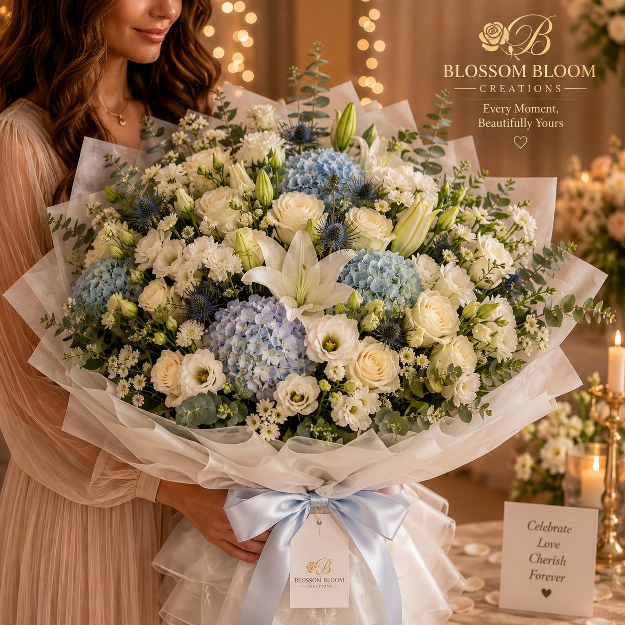 Luxury Blue & White Harmony Hand-Tied Bouquet | Premium Fresh Flower Gift