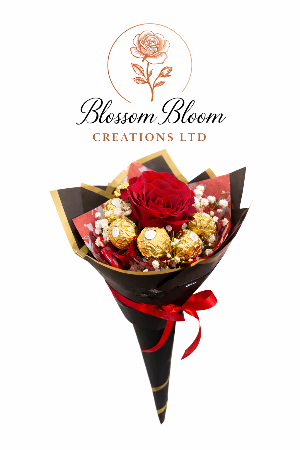 Luxury Red Rose Gypsophila And Ferrero Rocher Bouquet