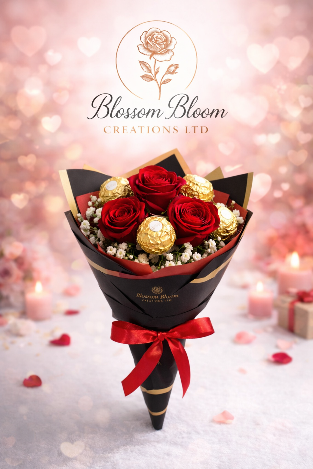 Luxury Red Rose Gypsophila And Ferrero Rocher Bouquet
