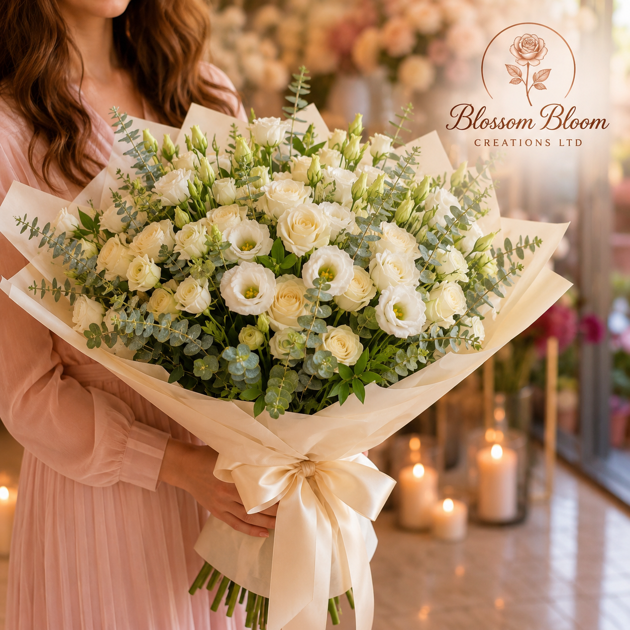 Luxury Ivory Rose & White Lisianthus Bouquet