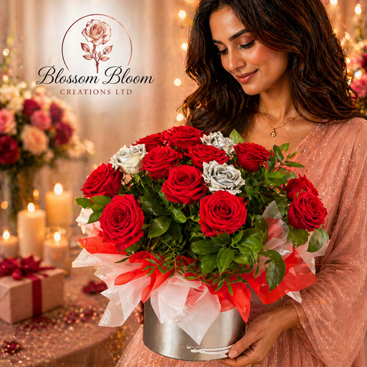 Luxury Red & Silver Rose Hat Box Arrangement