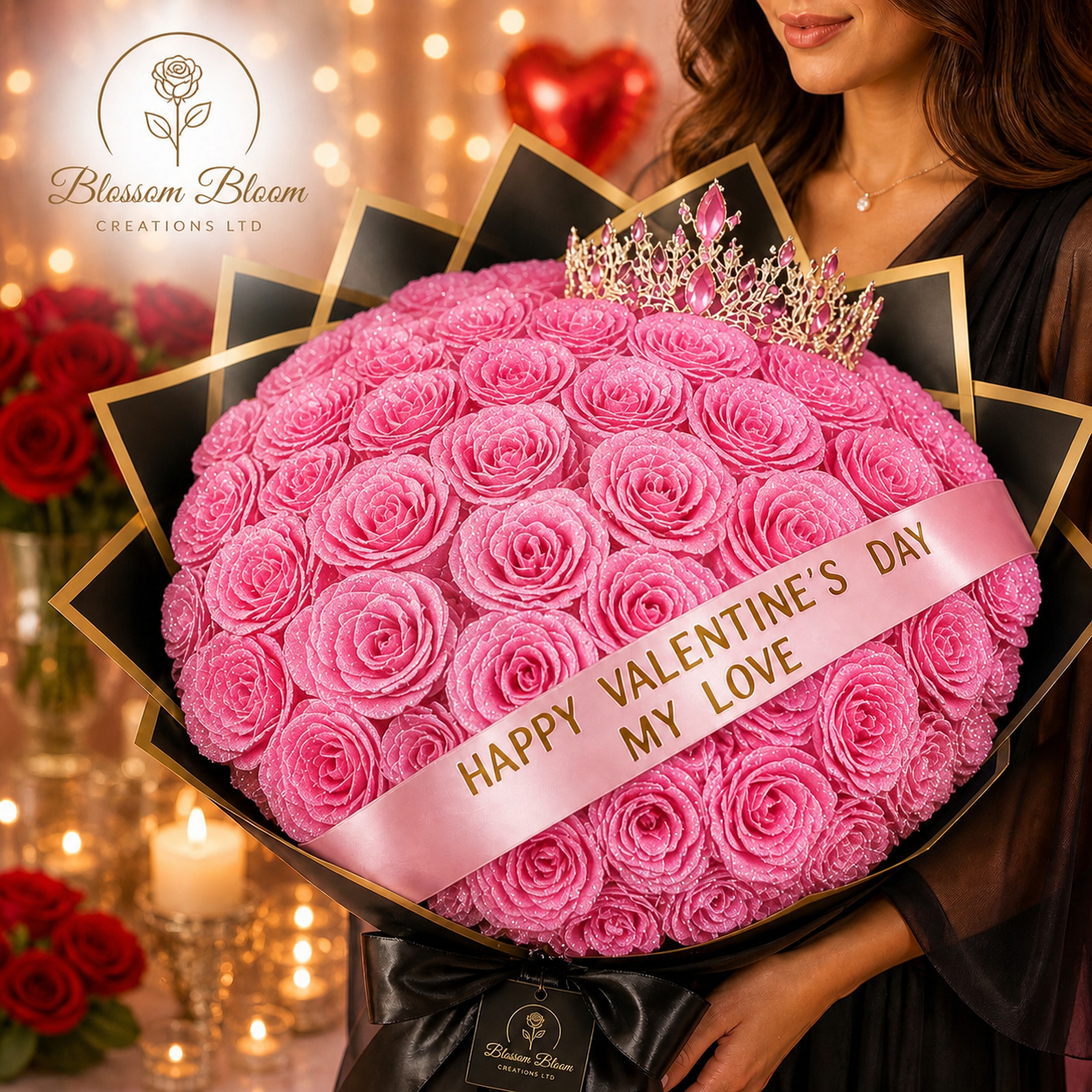 Luxury Glitter Rose Crown Bouquet (Artificial Everlasting Edition)-Blue, Red & Pink