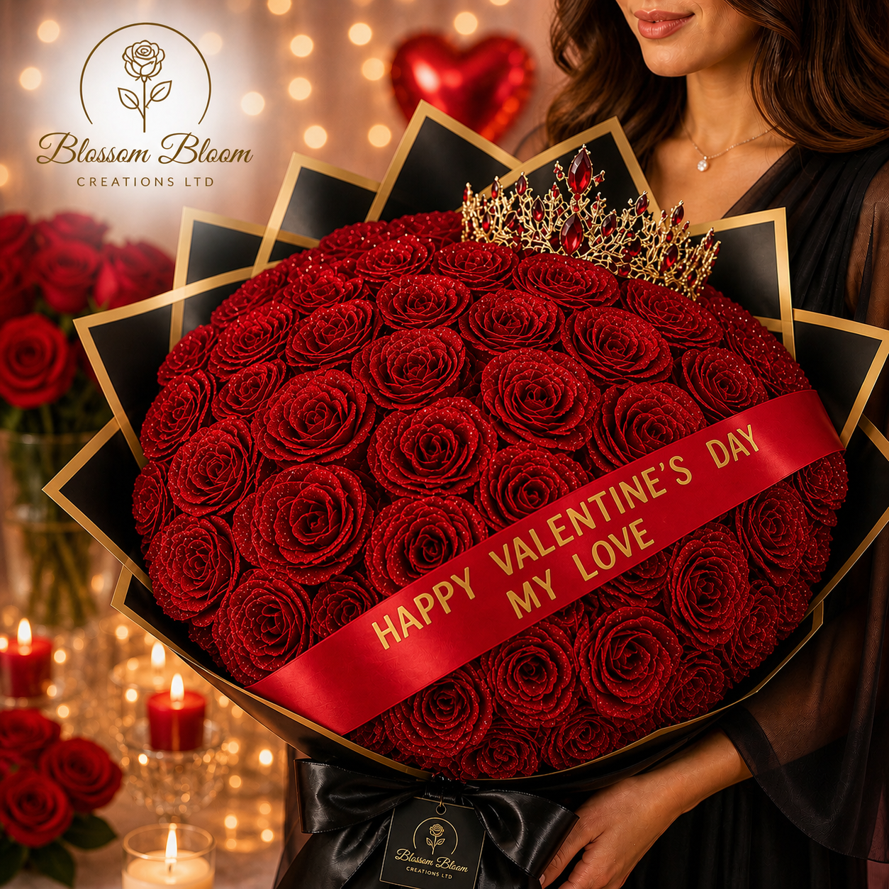 Luxury Glitter Rose Crown Bouquet (Artificial Everlasting Edition)-Blue, Red & Pink
