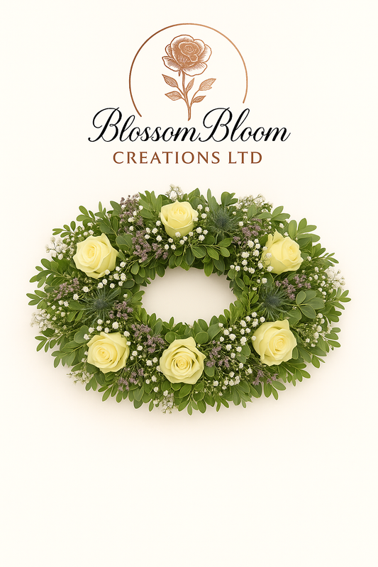 Elegant Ivory Rose & Greenery Funeral Wreath