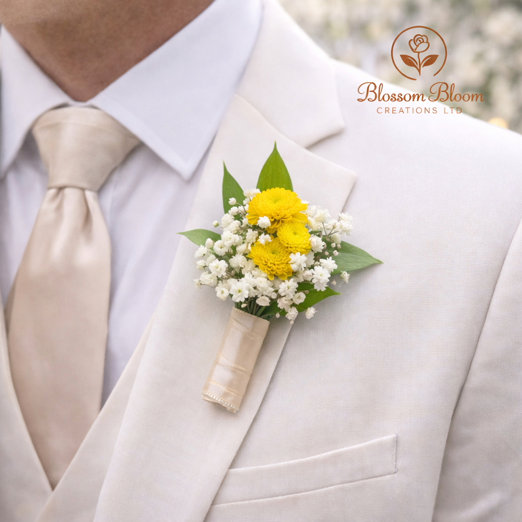 Elegant Champagne Wedding Buttonhole (Groom’s Boutonnière)