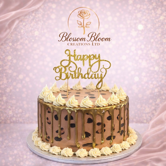Luxury Leopard Print Drip Cake – Elegant Gold Birthday Cake