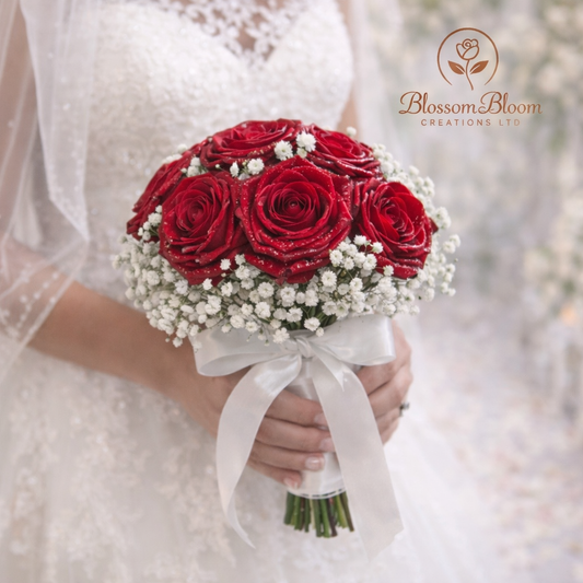 Luxury Red Roses & Gypsophila Bridal Bouquet