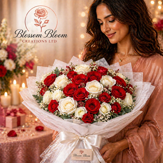 Crimson & Ivory Romance Rose Bouquet