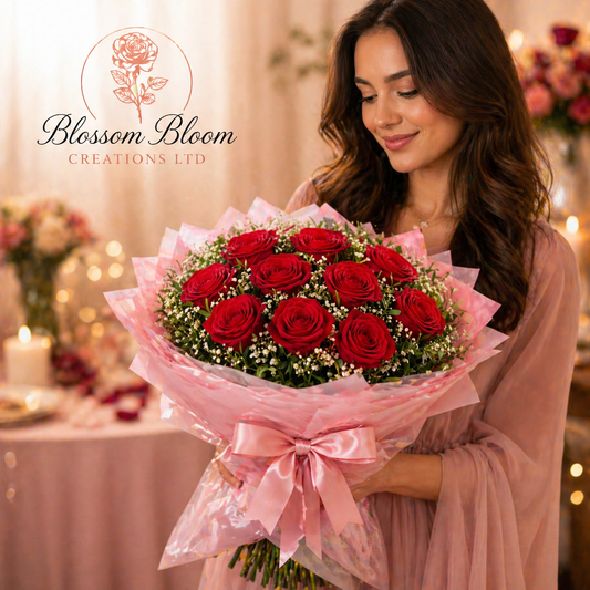 Luxury Red Rose Bouquet – Hand-Tied Romantic Flower Arrangement