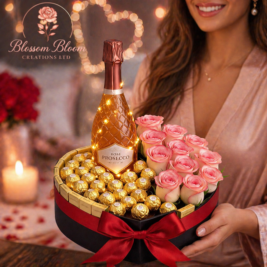 Luxury Rose Prosecco & Chocolate Heart Gift Box – Romantic Gift Hamper UK