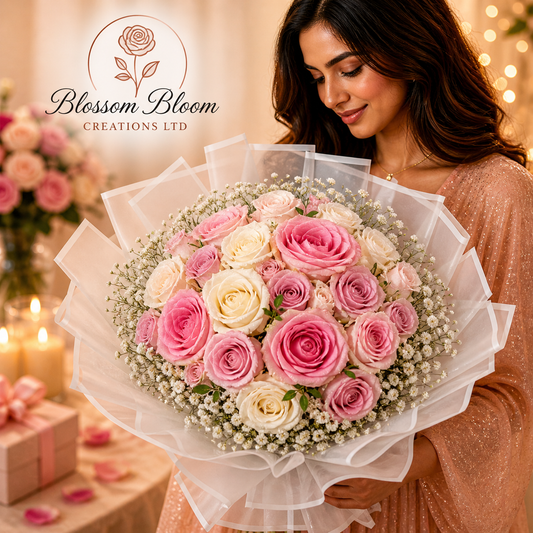 Pink Blush & Ivory Luxury Rose Bouquet (Wrapped Gift Style)