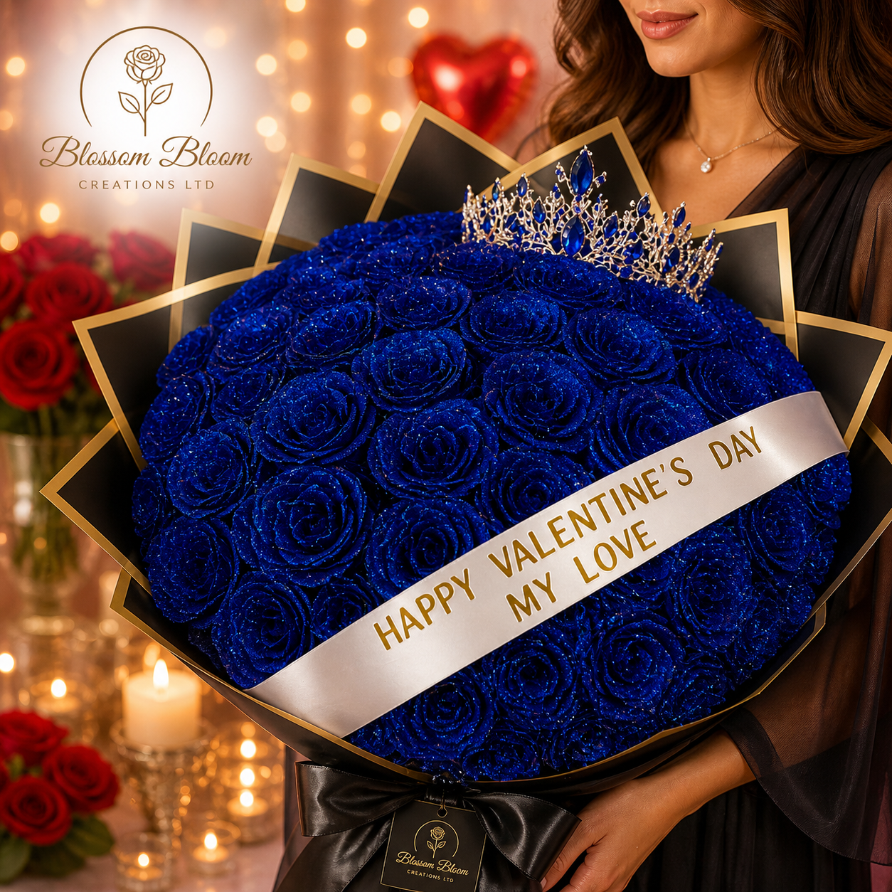 Luxury Glitter Rose Crown Bouquet (Artificial Everlasting Edition)-Blue, Red & Pink