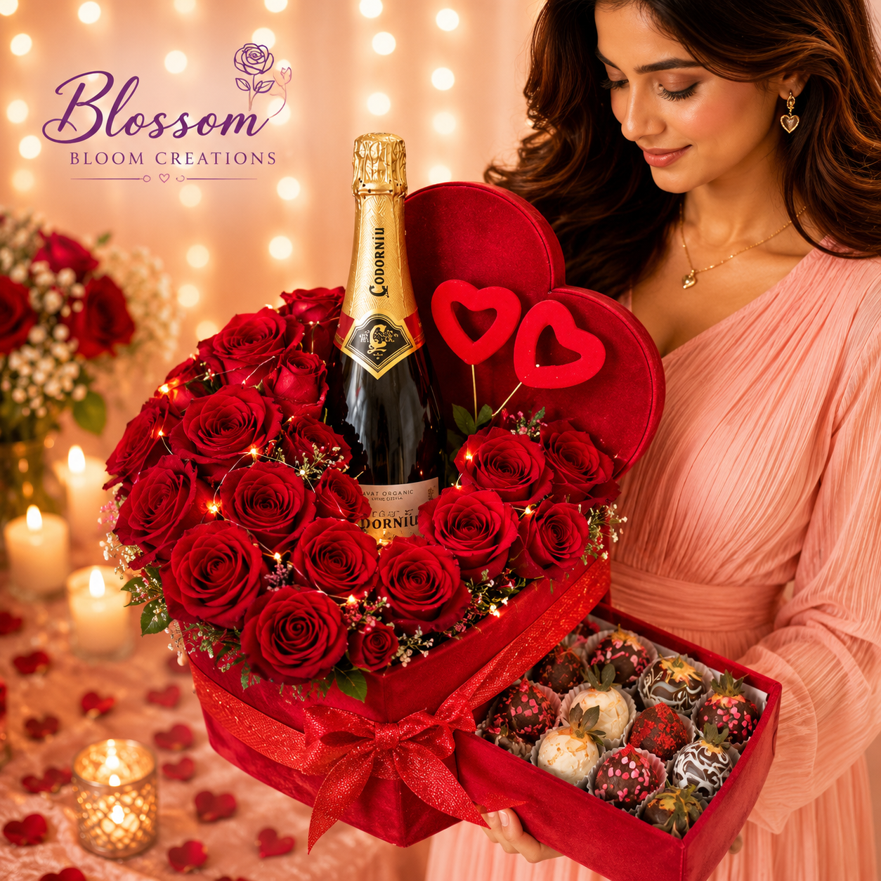 Luxury Romance Rose, Prosecco & Chocolate Strawberry Heart Box