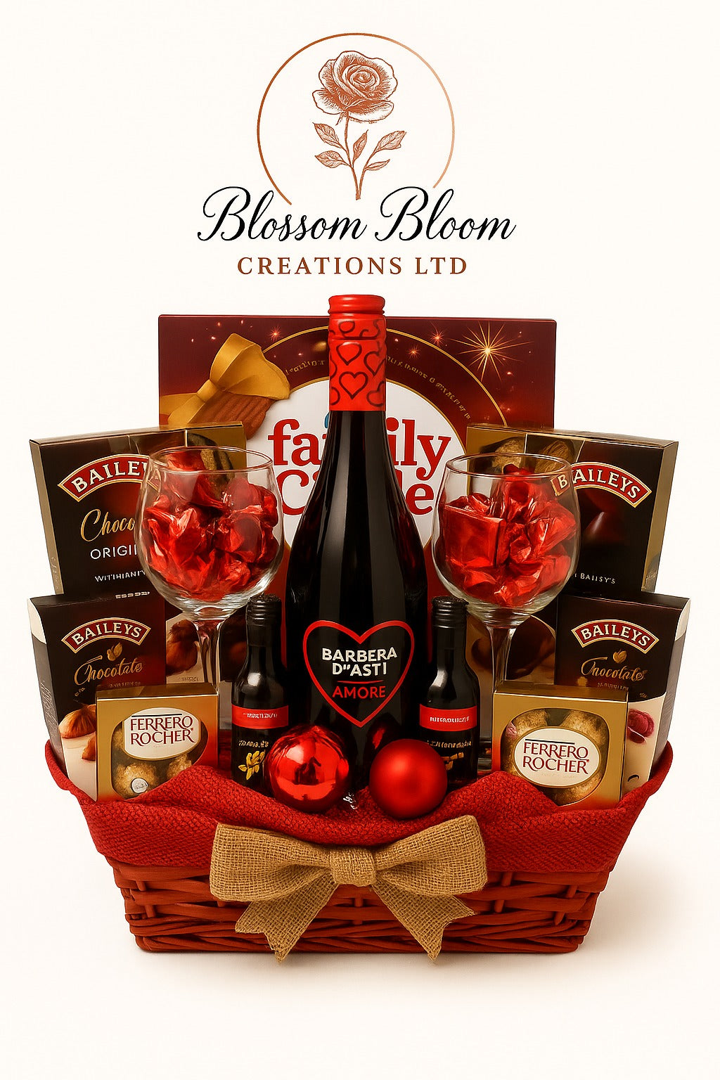 Amore Red Wine Luxury Chocolate Hamper | Romantic Gift Basket | Blossom Bloom