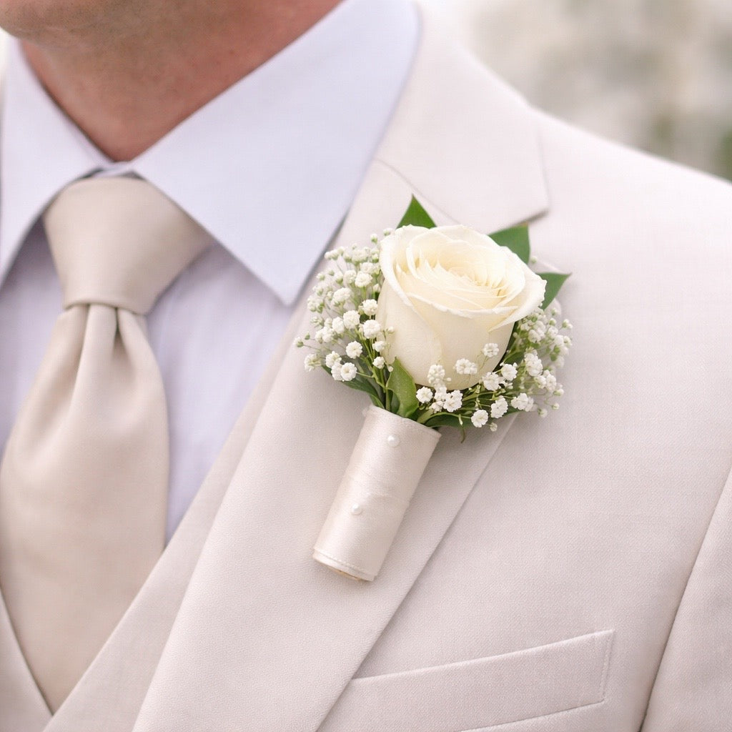 🤍 Luxury White Rose Groom Buttonhole (Boutonnière) ✨ Product Description